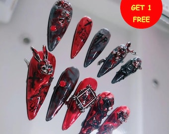 Dark Punk Graffiti Halloween Glue On Nails,glue on nail,reuse nail,fake nail,holiday trending nail