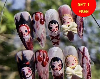 Gothic Creepy Kawaii Hand-painted Coffin Press On Nails,glue on nail,reuse nail,fake nail,holiday trending nail