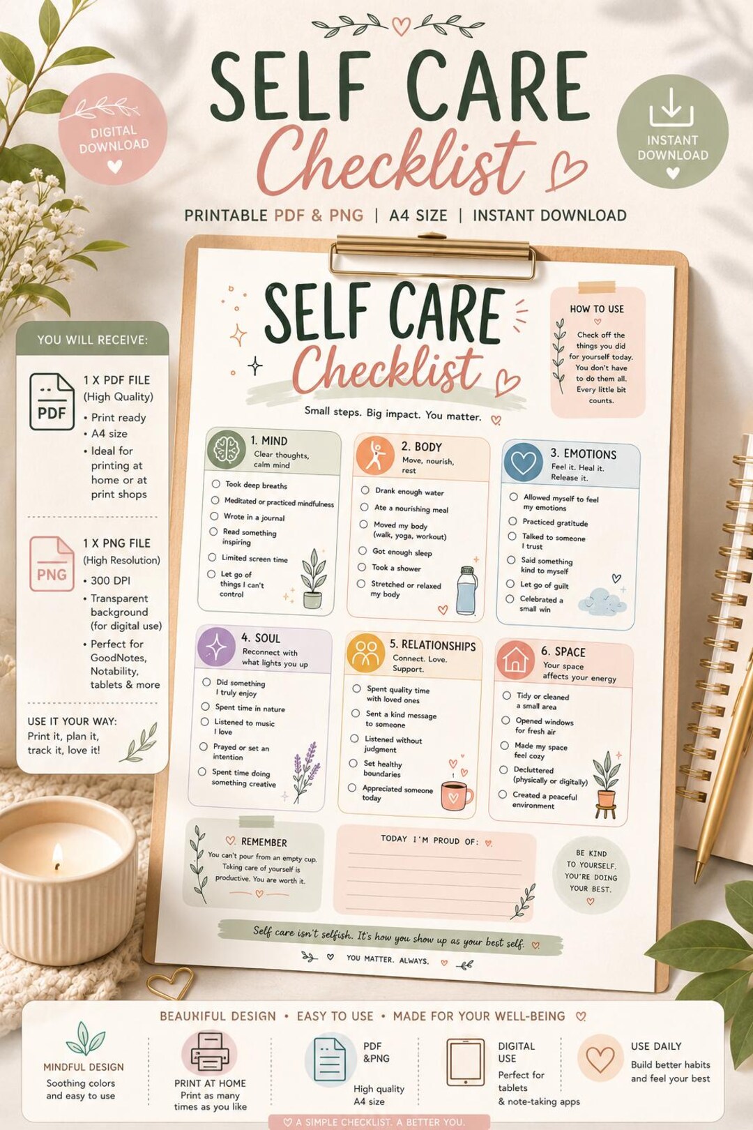 Self Care Checklist Printable PDF, Daily Wellness Planner, Mental ...