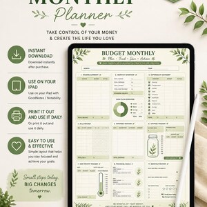 May include: Digital budget planner on a tablet, with a clean, minimalist design and green accents. The planner includes sections for income, expenses, savings, and financial goals. The image also shows the planner's dimensions in A4 size, 210 x 297 mm.