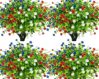 12 flores artificiales patrióticas – Resistentes a los rayos UV, rojas, blancas y azules para decoración de exteriores.