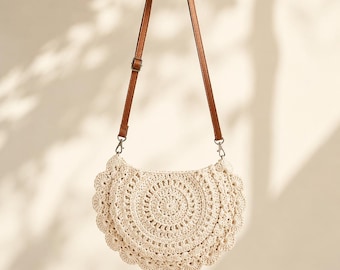 Sac à bandoulière au crochet fait main, sac à main d'été bohème, sac rond tissé à la main, accessoire du festival Cottagecore, couleurs crème et beige