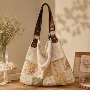 Vintage Blumen Patchwork Tragetasche, Cottagecore Handtasche, Boho Schultertasche, handgemachtes Handwerker Geschenk für Frauen
