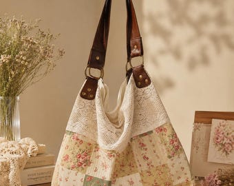 Vintage Floral Patchwork Tote Bag, Cottagecore Lace Handbag, Boho Everyday Shoulder Bag, Handmade Artisan Gift for Women