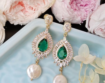 Green wedding Earrings. Pearl Wedding Earrings: 14K Gold Filled,gift for her.Bridal earrings.real pearl Party earrings.BrIdesmaid earrings.