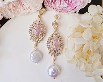 Valentine's Day gift for her.white real Pearl with and Crystal Wedding Earrings:14K Gold Filled,pink earrings.Bridal earrings.Party earrings
