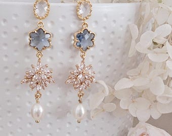 Real pearls earrings.Blue wedding earrings.Wedding gift.crystals earrings.Bridal earrings.bwedding necklace&earrings.birtyday gift for her.