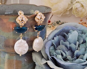 Luxury Pearl party earrings.dark blue earrings.Wedding Earrings.gift for her.Real white pearl earrings.Bridal earrings.BrIdesmaid earrings.