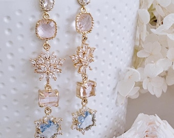 Elegant blue wedding earrings.Bridal earrings.Party earrings and necklace.dangle pink&blue crystals wedding earrings.birthday gift for her