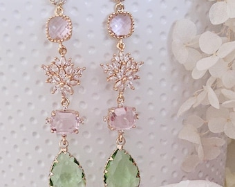 Elegant Graduation party earrings and necklace. bride earrings.pink&green crystals wedding earrings.bridesmaid earrings.wedding necklace