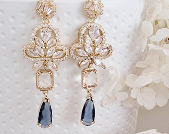 Luxury wedding earrings.Clear&navy blue Bridal Earrings.Vacation Earrings.unique Birthday gift for her.bridesmaid earrings.party earrings