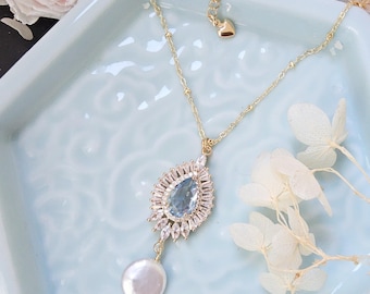 Unique real Pearl Wedding necklace and earrings:14K Gold Filled,Blue Crystal necklace.Bridal necklace.Vacation necklace.party necklace.