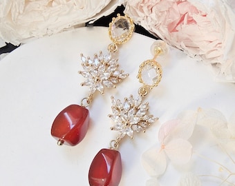 Burgundy stone earrings.Valentine's Day gift for her.wedding earrings.14K Gold Filled,Bridal earrings.drop Party earrings.birthday gift
