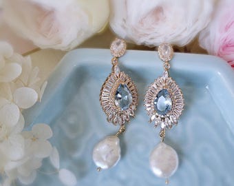 Handmade real Pearl Wedding Earrings: 14K Gold Filled,Light Blue Crystal earrings.Bridal earrings.Party earrings.blue earrings.gift for her