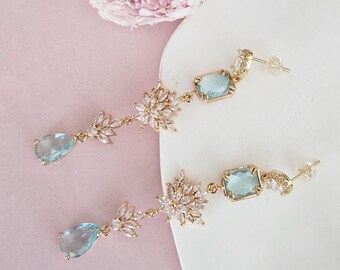 Elegant blue wedding earrings.Bridal earrings.Graduation Party earrings&necklace.dangle blue crystals wedding earrings.birthday gift for her