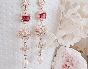 Real pearl Party earrings.hot pink wedding earrings.Bridal earrings.wedding gift.birtyday gift for her.Vacation earrings.