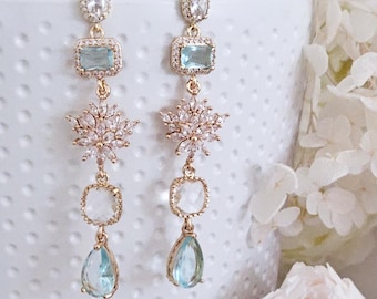 Elegant blue wedding earrings.Bridal earrings.Party earrings and necklace.dangle Clear&blue crystals wedding earrings.birthday gift for her