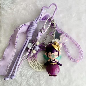 One of a Kind Handmade Purple Nanci Keychain | Unique Celestial Bag Charm with Ribbon & Beads | Irreplaceable accessory for keys