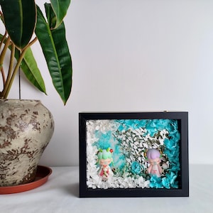 Handmade one-of-a-kind photo frame Nanci  Diorama | Blue & White Preserved Flower Shadow Box Display | Custom Collectible Display Case