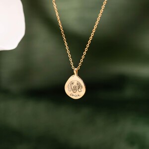 May include: A gold-toned necklace featuring a delicate chain and a small, irregular, teardrop-shaped pendant. The pendant is engraved with a detailed line drawing of a dog's face and the name Chick inscribed in a cursive script below the image.