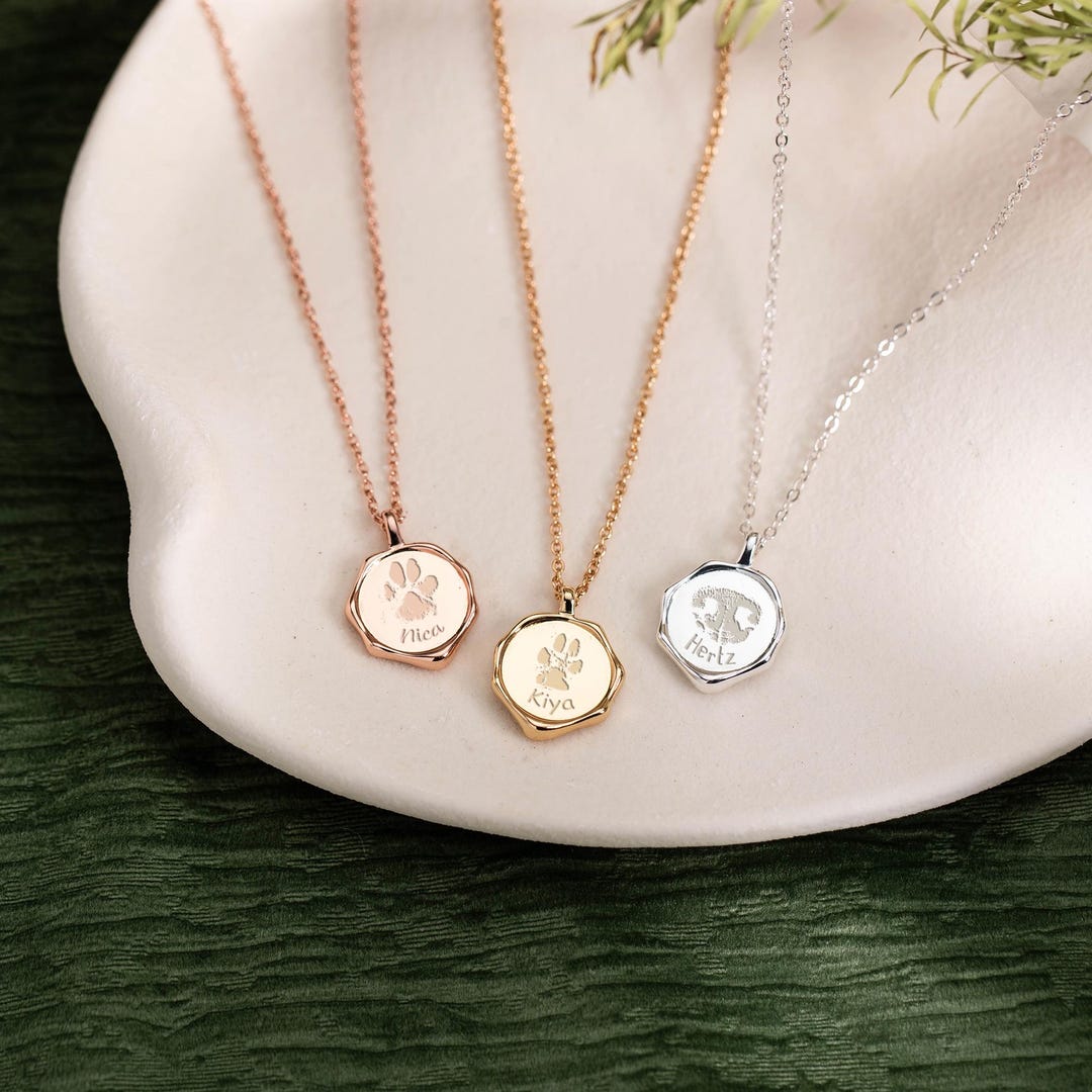 Actual Pet Paw Print Necklace With Name, Engraved Nose Print Pendant ...