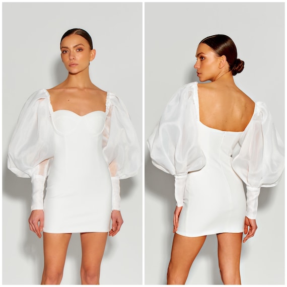 club monaco sculptural knit mini dress Semenenko White with Organza Sleeves Bandage Bodycon Luxury Cocktail Dress Sophisticated Party Outfit Designer Womenswear uk fashion