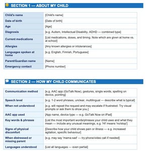 Può includere: Un Passaporto di Comunicazione e Guida Completa per la Cura per bambini con bisogni complessi. Il documento include sezioni per le informazioni sul bambino, i metodi di comunicazione e le esigenze sensoriali. Testo in nero e blu.