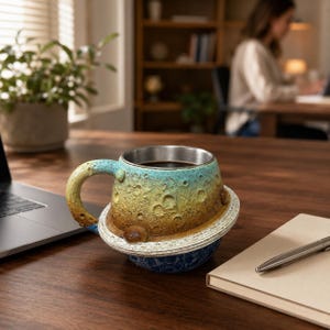 Puede incluir: Una taza de cerámica con forma de planeta con una superficie texturizada y llena de cráteres en tonos azul, amarillo y marrón. La taza presenta un anillo prominente alrededor de su sección central, un asa curva y un interior metálico liso.