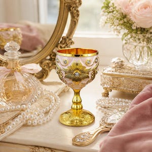 May include: A decorative goblet featuring a gold-toned stem and base with a pale pink bowl adorned with intricate gold floral filigree and embedded clear crystals. The rim is finished in a polished gold tone, creating a refined and ornate appearance.