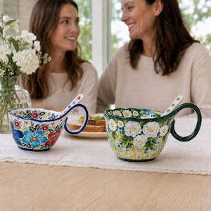 May include: Two ceramic soup mugs with scalloped rims and large circular handles. The left mug features a vibrant blue, red, and white floral pattern. The right mug displays white flowers with green leaves on a green background. Each includes a small spoon.
