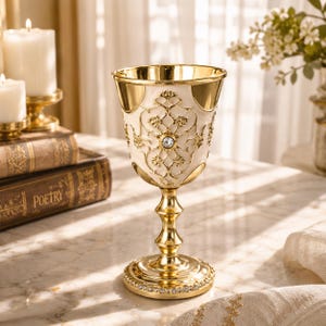 May include: An ornate gold-colored chalice with a white enamel body, featuring intricate floral patterns and a central jewel. The chalice has a flared rim and a detailed stem, resting on a base adorned with small crystals. A decorative item.