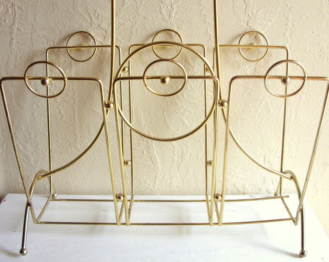 Midcentury Gold Metal Magazine Rack Holder With Wood Handle Etsy
