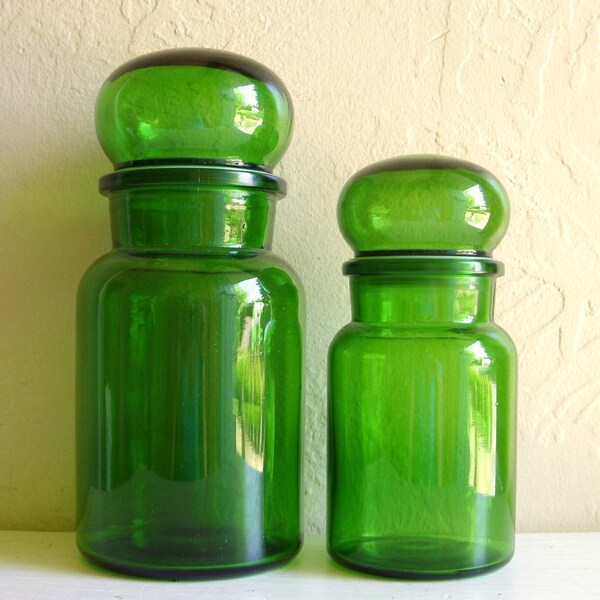 Pair of Green Glass Round Bubble Apothecary Jars with Lids 2 Two Belgium