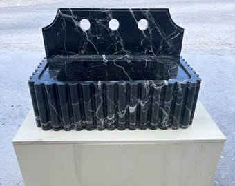 Lavabo de mármol Calacatta Viola tallado a mano con protector contra salpicaduras, lavabo de tocador estriado