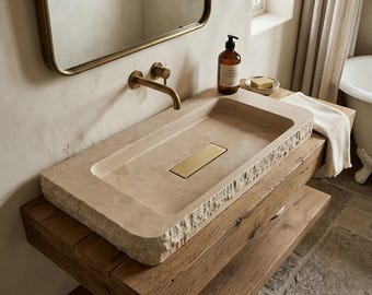 Hand Carved Calacatta Viola Marble Sink, Chiseled Edge Vessel Washbasin (23.6\" L x 15.7\" W)