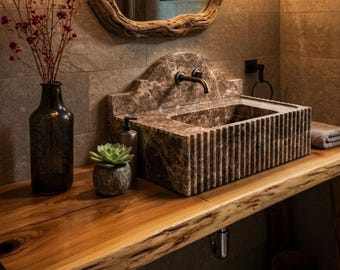 Emperador Dark Marble Fluted Sink, Arched Backsplash, Stone Basin, Luxury Vanity