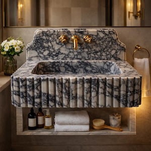 Custom Size Calacatta Viola Marble Sink and Backsplash, Hand Carved Luxury Basin