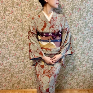 Antique Japanese Kimono – Red with Gray Hagi Bush Clover Pattern – Traditional Japanese Textile