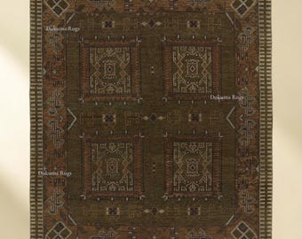 Hand Knotted Wool Rug – Olive Green Rust Tribal Medallion Carpet