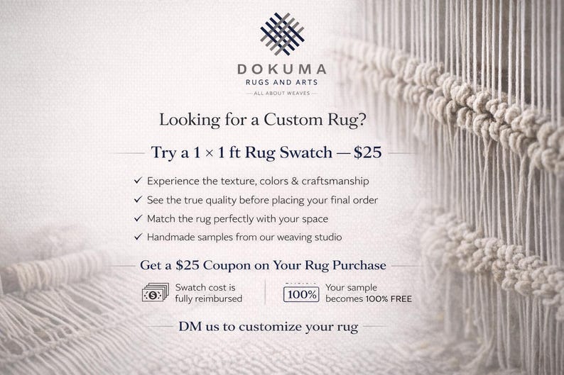 May include: Promotional image for Dokuma Rugs and Arts, advertising custom rug swatches. Text states: "Try a 30 x 30 cm Rug Swatch." The image features a close-up of a woven rug, showcasing texture and craftsmanship.