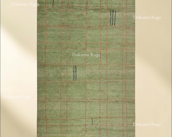 Olive Green Rug – Custom Wool Area Scandinavian Hand Knotted Japandi Carpet