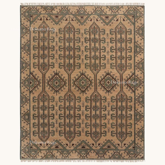 Hand Knotted Tribal Wool Rug – Camel Geometric Afghan Area Rug | Handmade Vintage Carpet