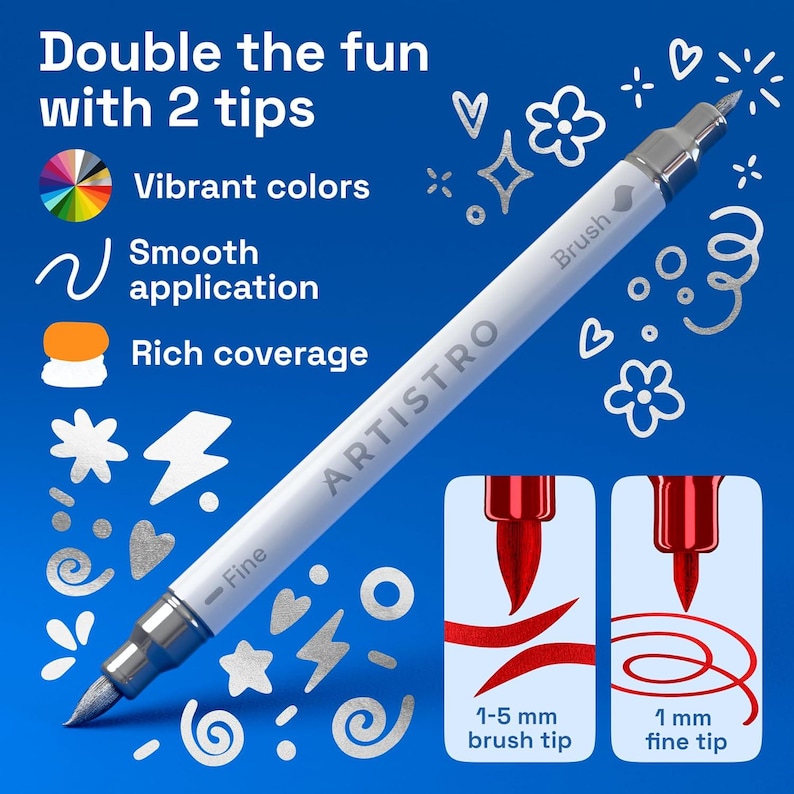 K&ouml;nnte beinhalten: Ein wei&szlig;er ARTISTRO Dual-Tip-Marker mit feiner Spitze und Pinselspitze. Das Bild zeigt die Eigenschaften des Markers, einschlie&szlig;lich lebendiger Farben, sanftem Auftragen und satter Deckkraft. Die Pinselspitze ist 1-5 mm, und die feine Spitze ist 1 mm.