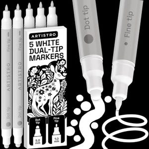 May include: A package of five white dual-tip markers with the brand name "ARTISTRO". The box features a black and white illustration of a deer with floral designs. The markers have both a dot tip and a fine tip, with sizes of 5.0 mm and 1.0 mm.