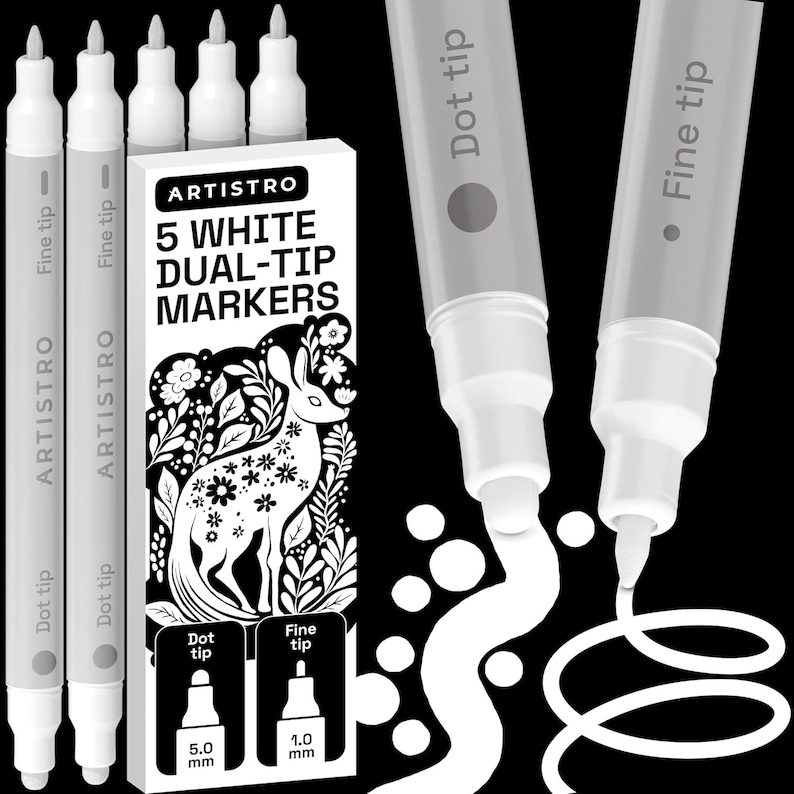 May include: A package of five white dual-tip markers with the brand name "ARTISTRO". The box features a black and white illustration of a deer with floral designs. The markers have both a dot tip and a fine tip, with sizes of 5.0 mm and 1.0 mm.