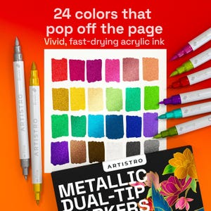 K&ouml;nnte beinhalten: Darstellung von ARTISTRO Metallic-Dual-Tip-Markern mit 24 leuchtenden Farben. Das Bild zeigt Farbmuster und den Text "24 Farben, die von der Seite springen. Lebendige, schnell trocknende Acryltinte." Die Marker haben feine und Pinselspitzen.