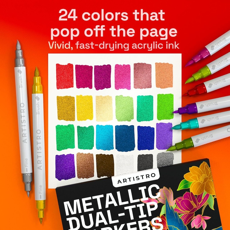 K&ouml;nnte beinhalten: Darstellung von ARTISTRO Metallic-Dual-Tip-Markern mit 24 leuchtenden Farben. Das Bild zeigt Farbmuster und den Text "24 Farben, die von der Seite springen. Lebendige, schnell trocknende Acryltinte." Die Marker haben feine und Pinselspitzen.