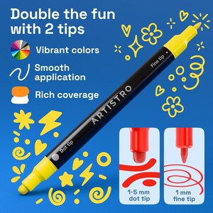 May include: A black and yellow ARTISTRO marker with a fine tip and a dot tip. The marker has the text "Double the fun with 2 tips", "Vibrant colours", "Smooth application", and "Rich coverage". The dot tip is 1-5 mm and the fine tip is 1 mm.