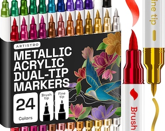 ARTISTRO 24 Metallic Acrylic Paint Markers Brush and Fine Tips for Rock