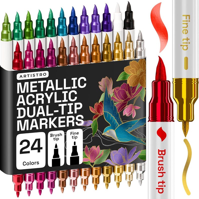 K&ouml;nnte beinhalten: Ein Set mit 24 Metallic-Acrylmarkern mit zwei Spitzen in verschiedenen Farben. Die Marker tragen die Marke "ARTISTRO" und verf&uuml;gen &uuml;ber Pinsel- und feine Spitzen. Die Verpackung zeigt Blumen- und Vogelillustrationen.